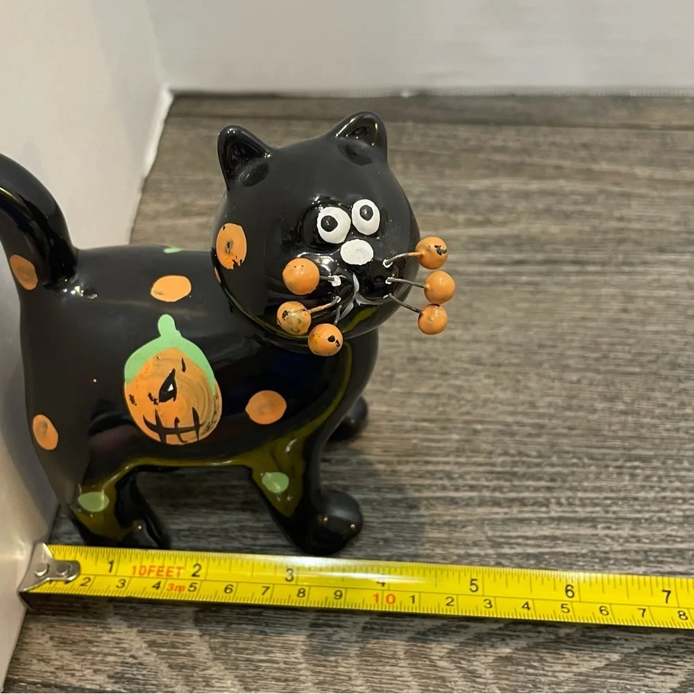 Halloween Black Cat Figurine. Whiskers wire ceramic. Whimsical. Pre-owned